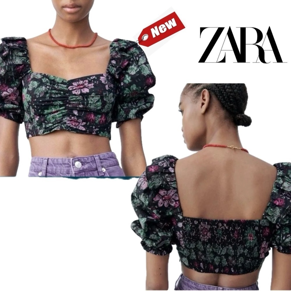 Zara Crop Top Floral Ruffle Puff Sleeve Blogger Favorite Festival Prairie Sz M